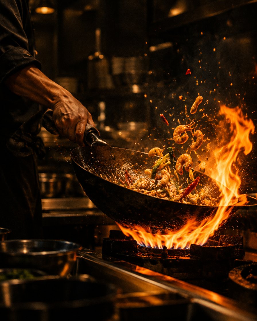Tangan juru masak mengayun wajan di atas api